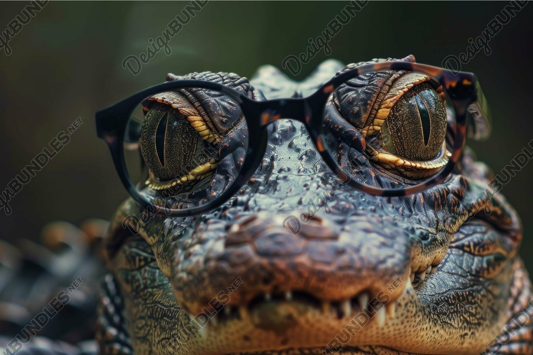 Closeup of a crocodile with a pair of sunglasses on, showcas