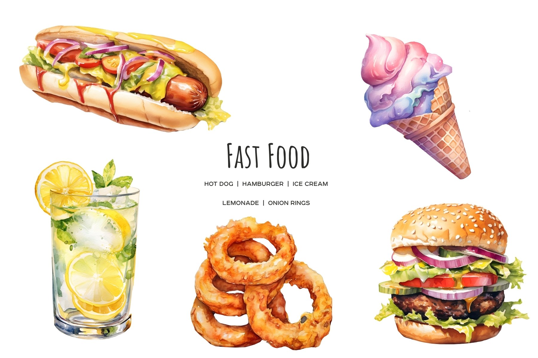Watercolor fast food clipart. Street food 15 PNG, image size:1800x1200