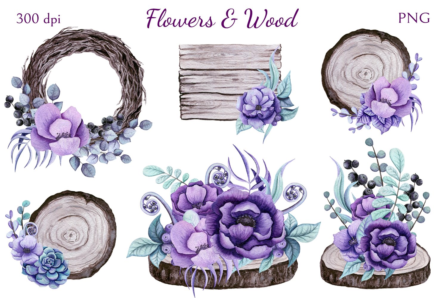 Flowers & Wood (84291) Illustrations Design Bundles