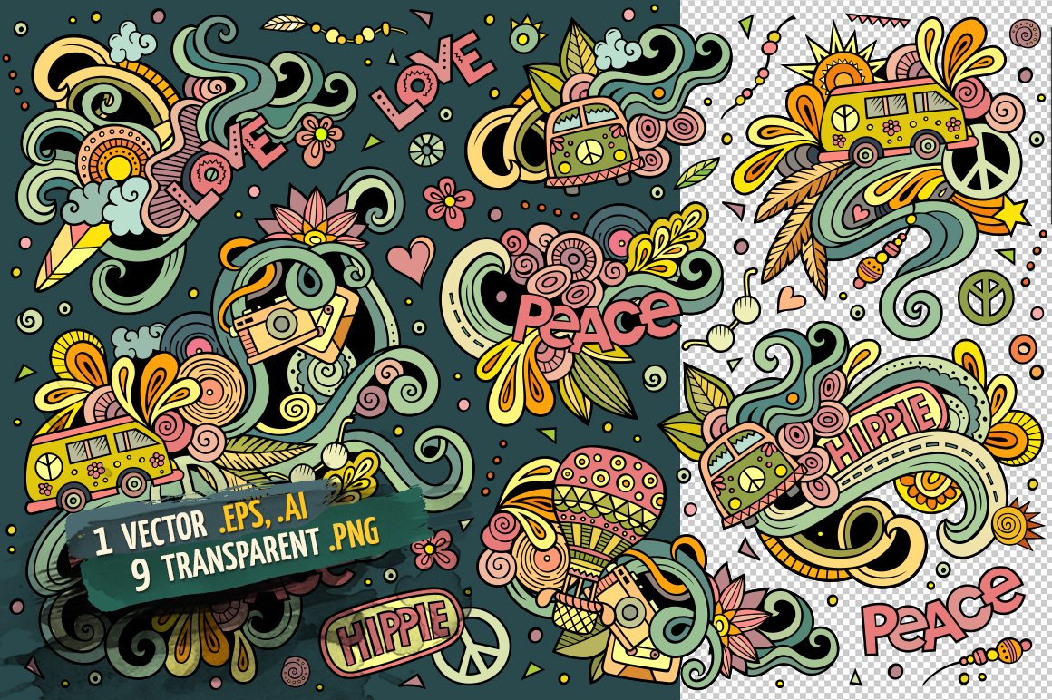 Hippie Doodle Designs Set (488234) | Illustrations | Design Bundles