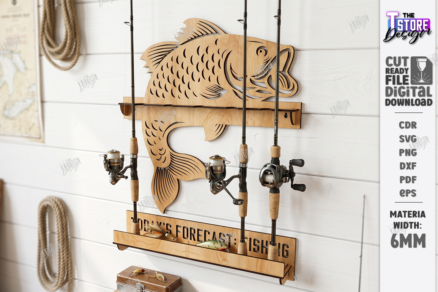 wood large mouth bass fishing rod holder Father's Day Gift holders and enhanced security for the upper rod sections Router carving of largemouth bass
