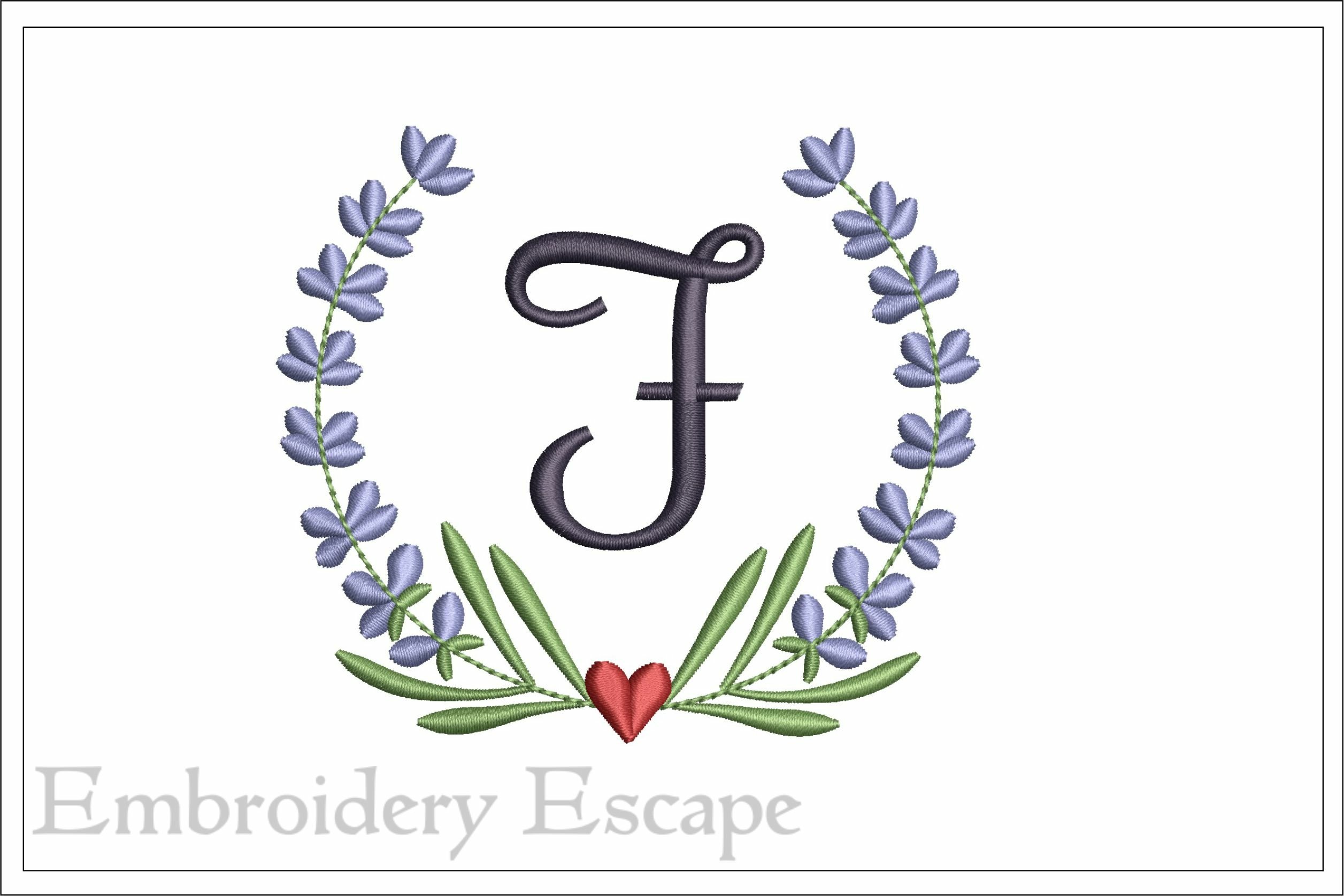 Letter F embroidery design, lavender wreath, image size:2513x1676