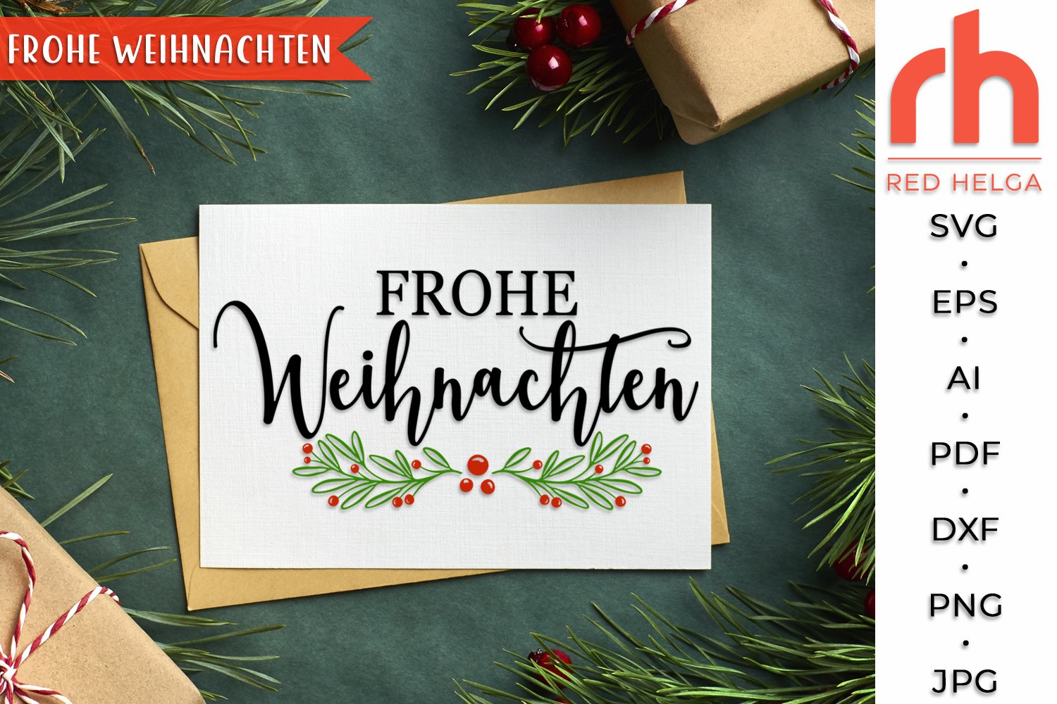 Frohe Weihnachten SVG, Holly Wreath DXF, Germany Christmas, image size:1500x1000