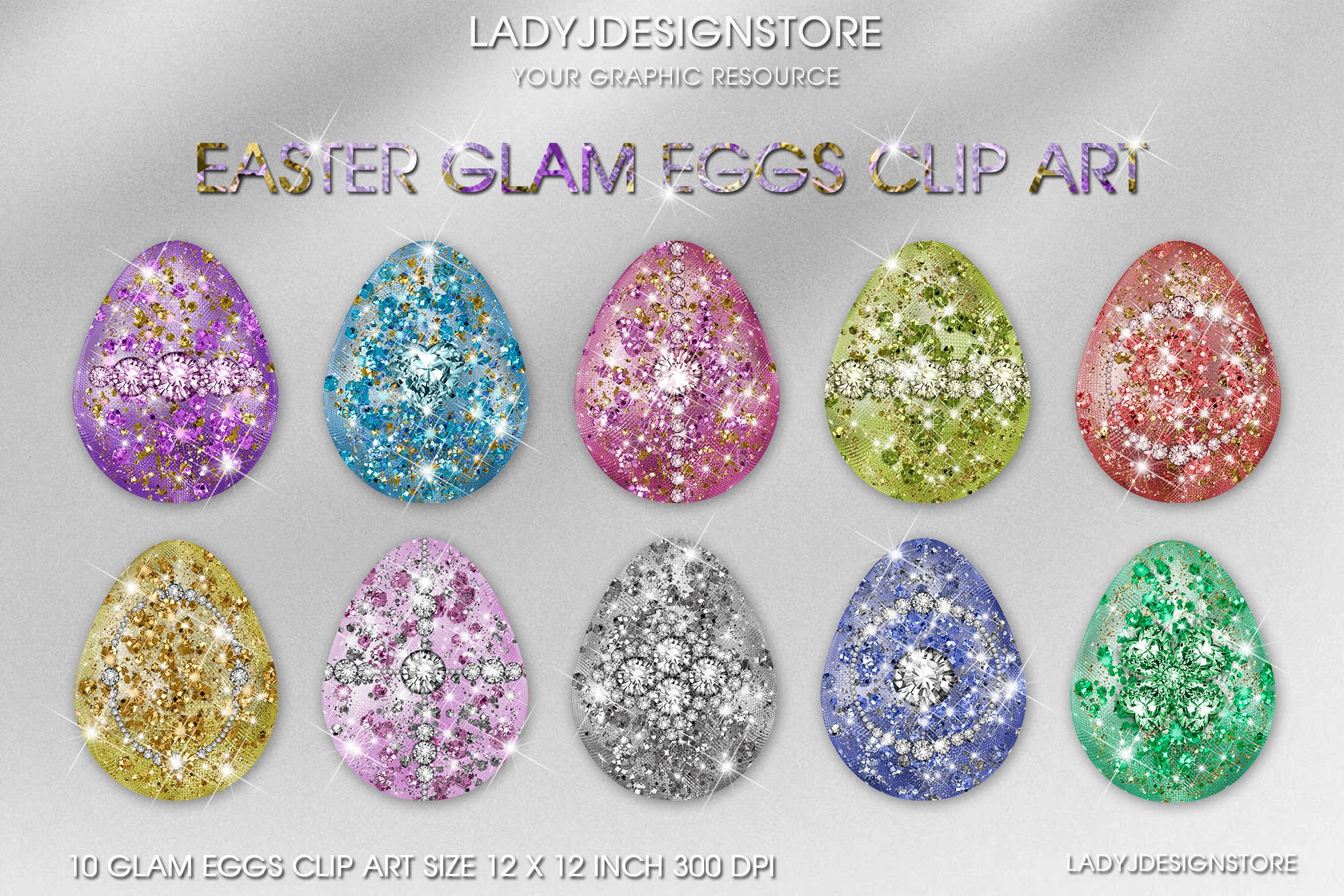 Easter Glam Eggs Clipart, sparkle glitter colorful eggs