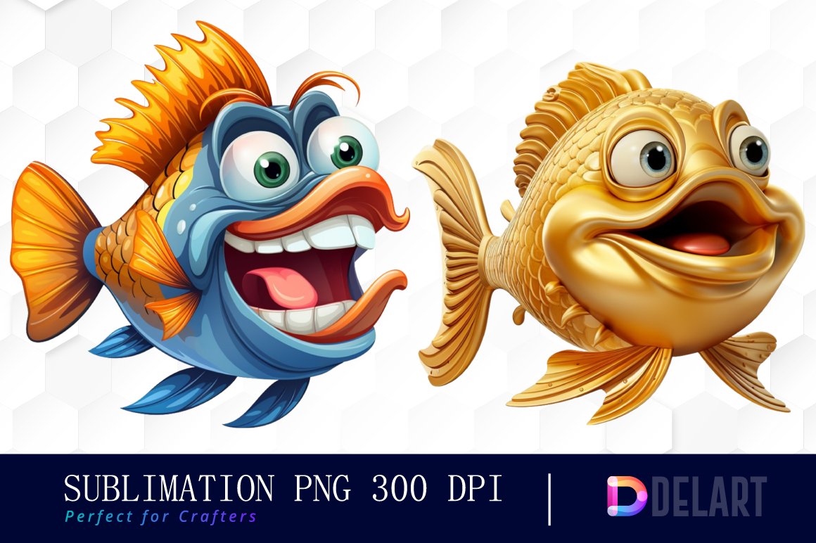 Watercolor Funny Fish Clipart Bundle, Sublimation PNG, image size:1160x772