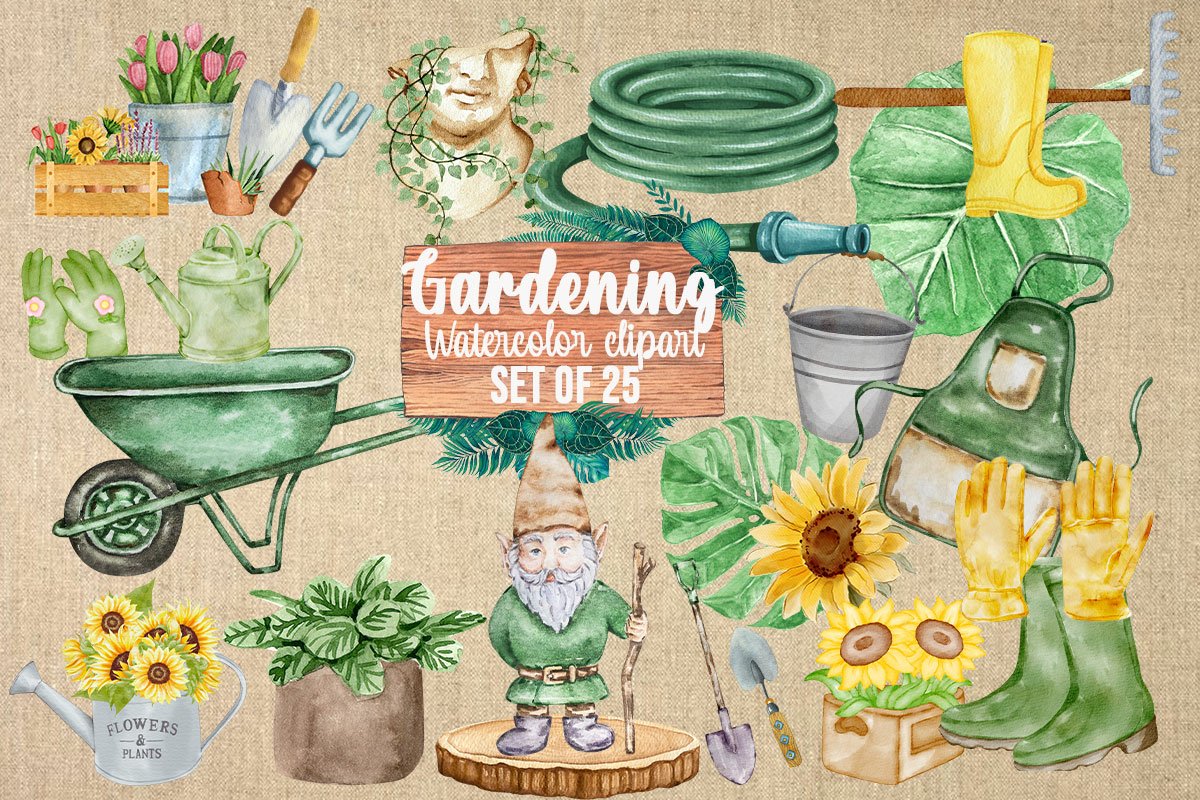 Watercolor Gardening Clipart With Watercolour Garden Tools, image size:1200x800