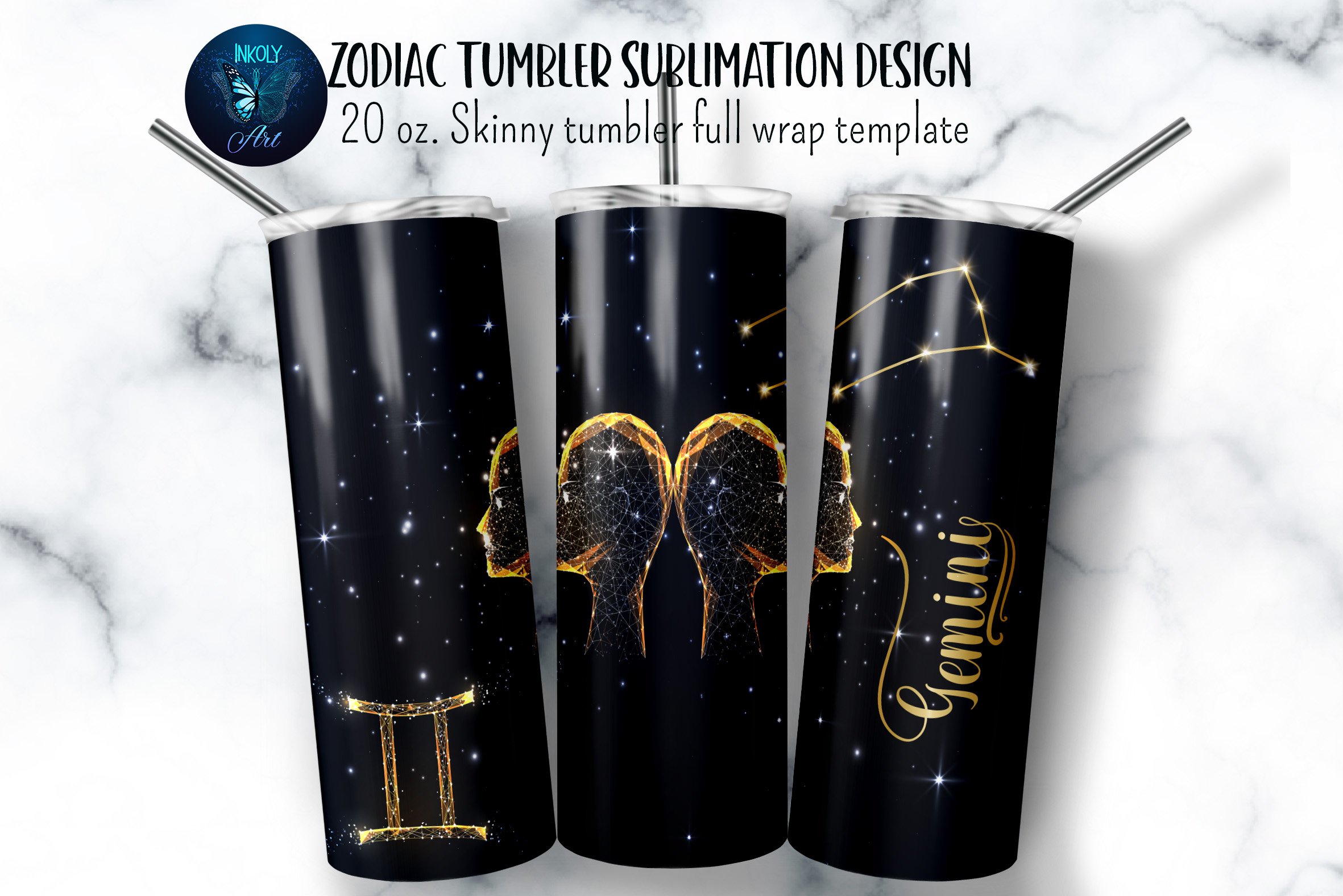 Gemini zodiac tumbler sublimation design. Full wrap png