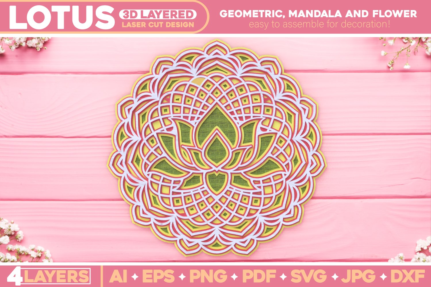 3D Layered Lotus Flower with Mandala and Geometric Design