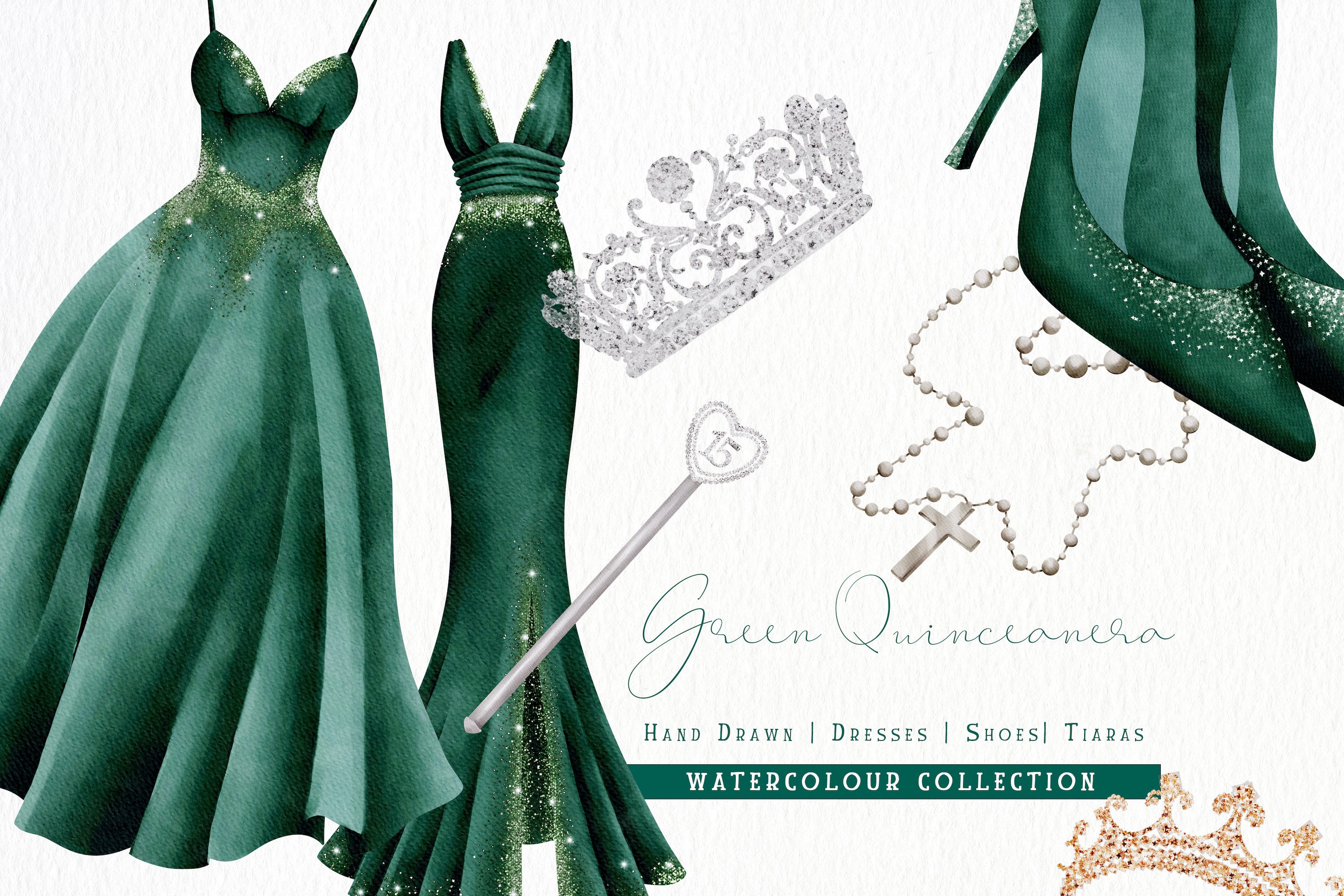 Green Quinceanera Watercolor Clipart Png