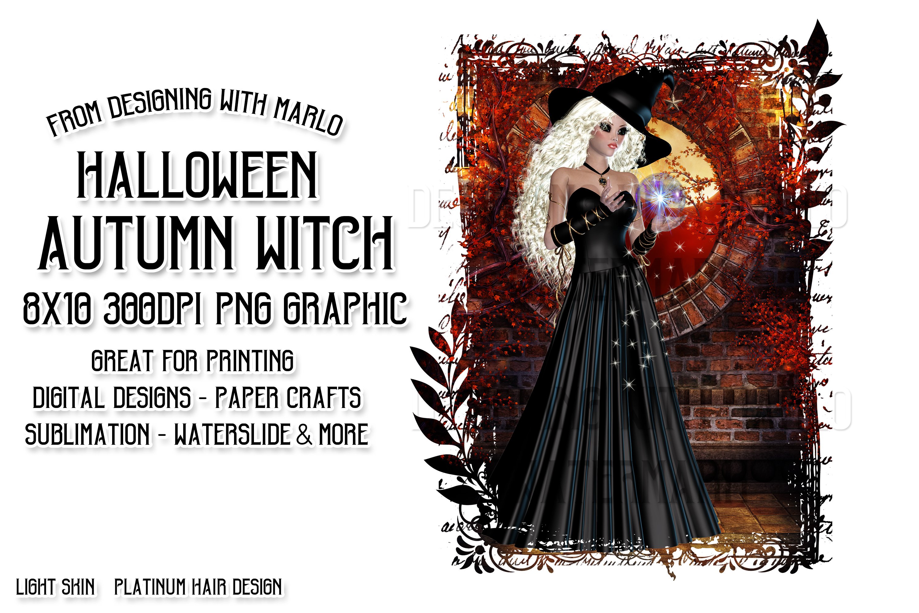 Halloween Autumn Witch PNG Graphic Platinum Hair Design