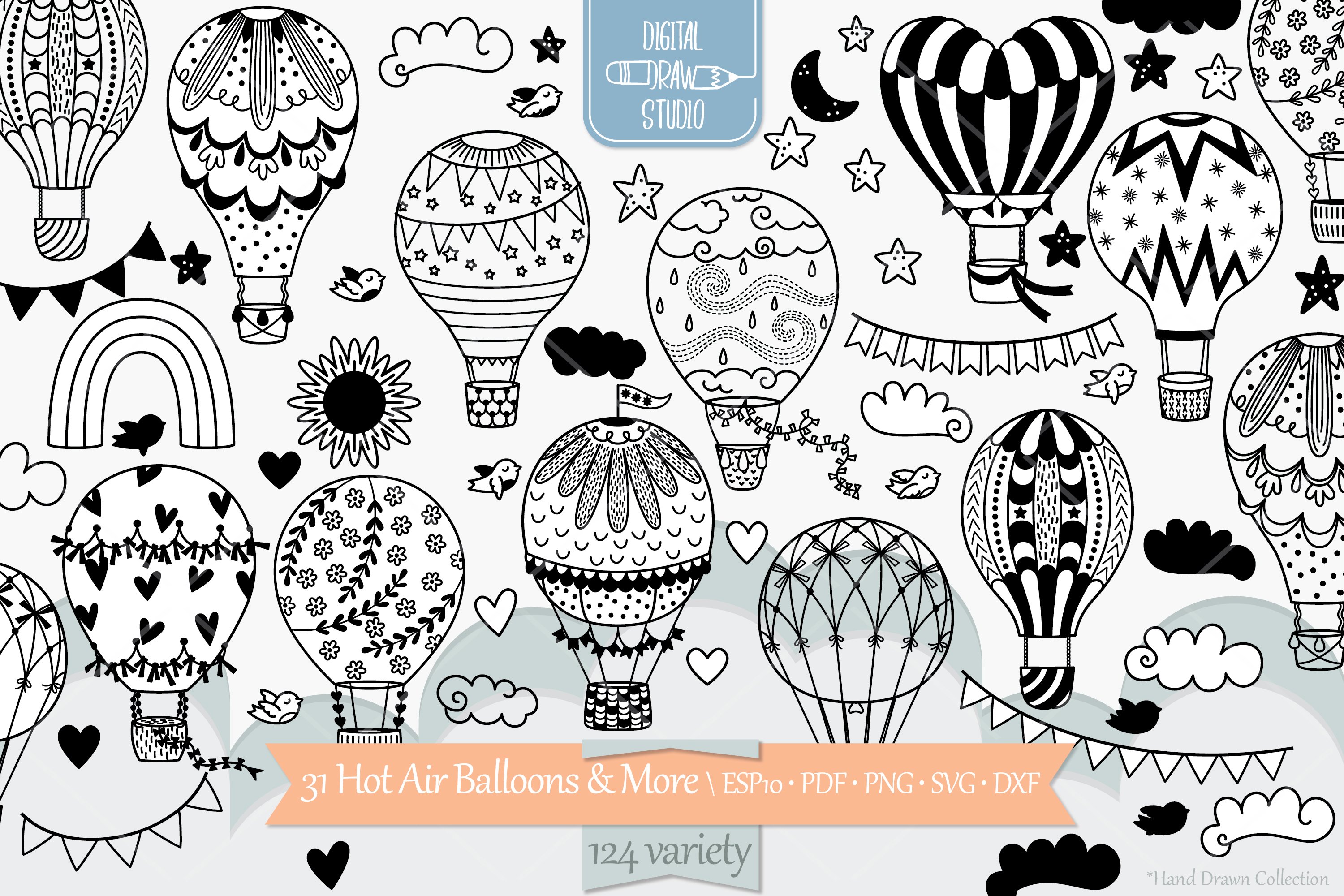 Vintage Hot Air Balloons, Sun, Cloud, Rainbow, Heart, Banner