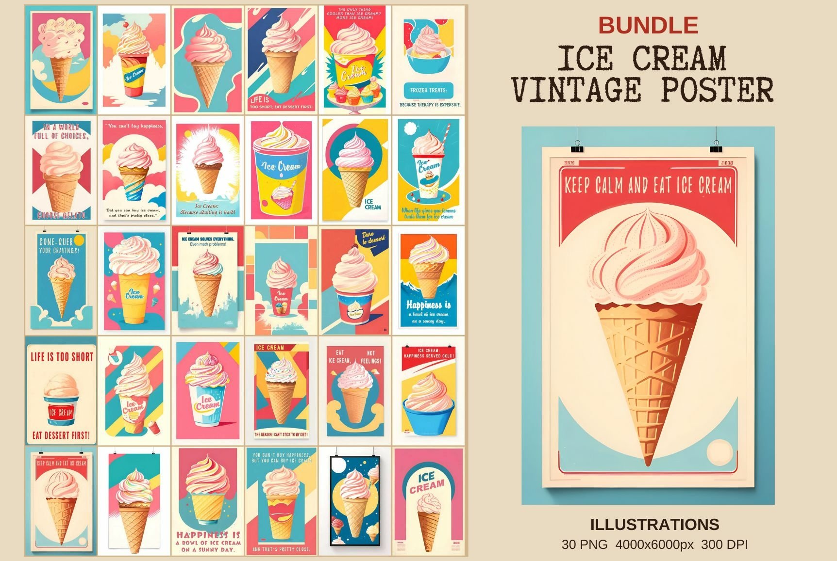 絵画 CREAM Ice Cream Vintage Poster Bundle - 30 Illustrations