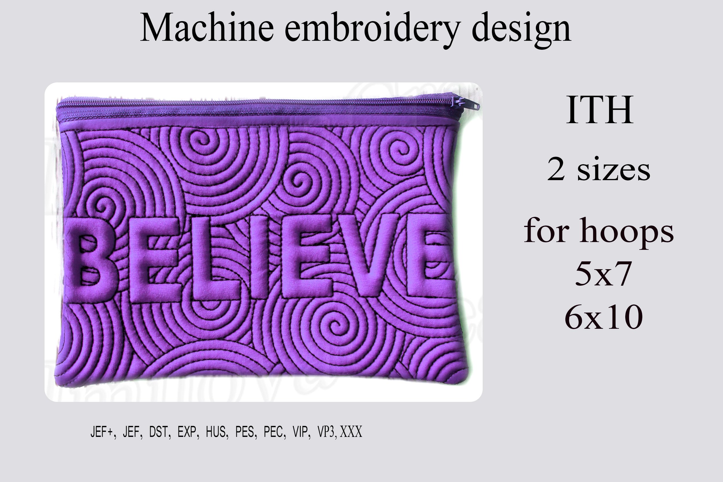 In the hoop believe zip bag embroidery design zippered bag