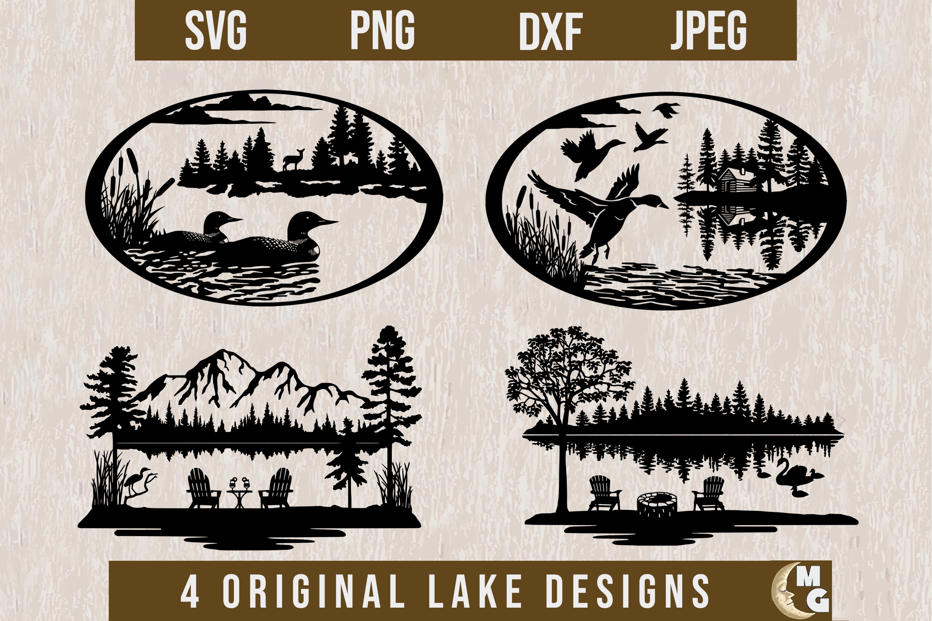 Lake Scenes Digital Bundle, Lake Scene Silhouettes, LoonSVG,, image size:3000x2000