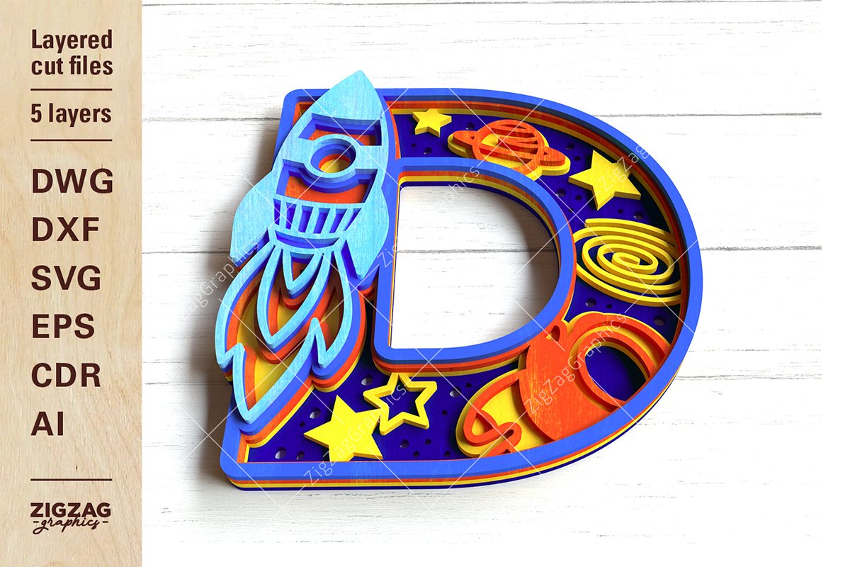 洋書 graphic spaces THREE D layered kids letter D with space rocket astronaut and stars