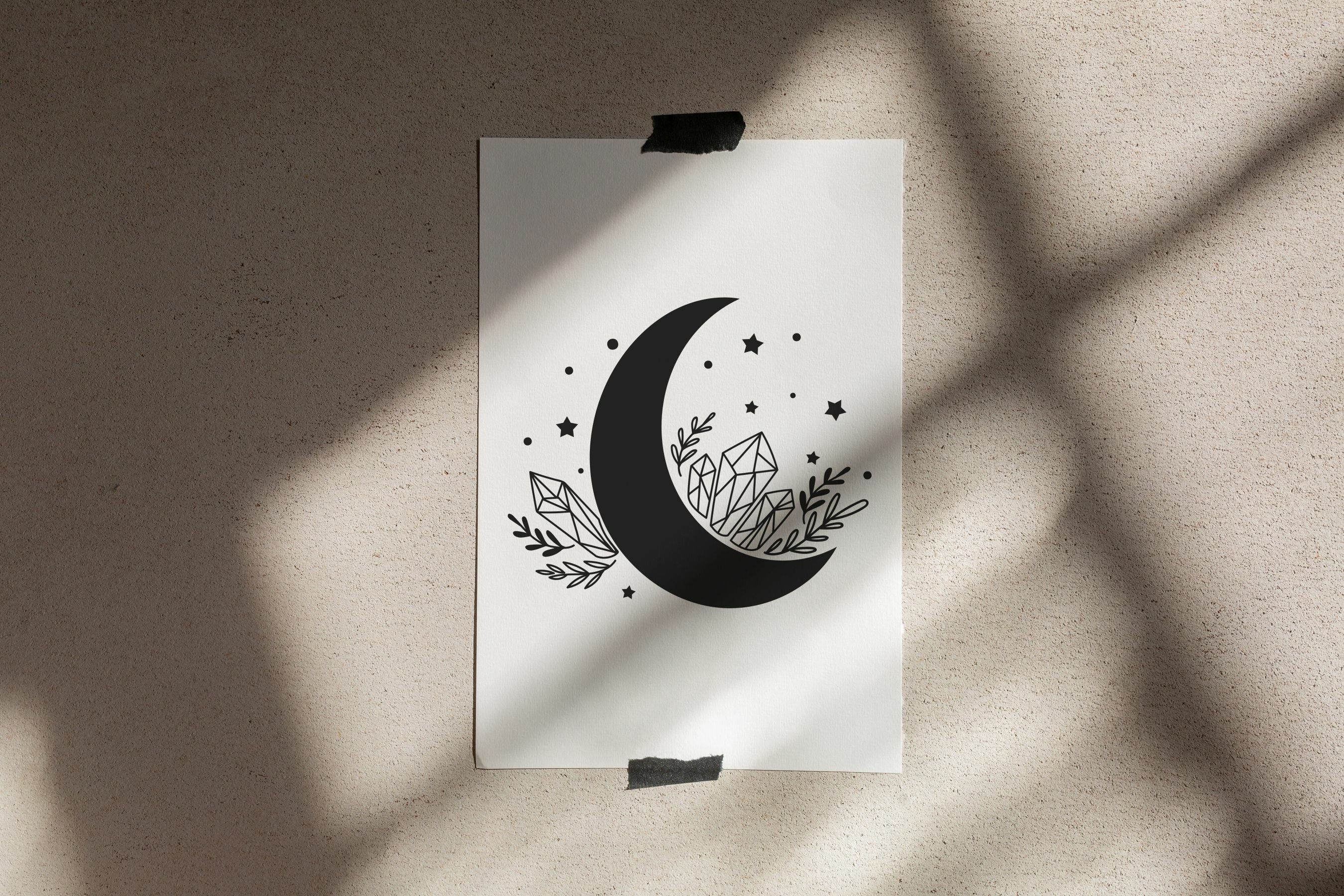 Celestial Crescent Moon with Crystals, Svg file