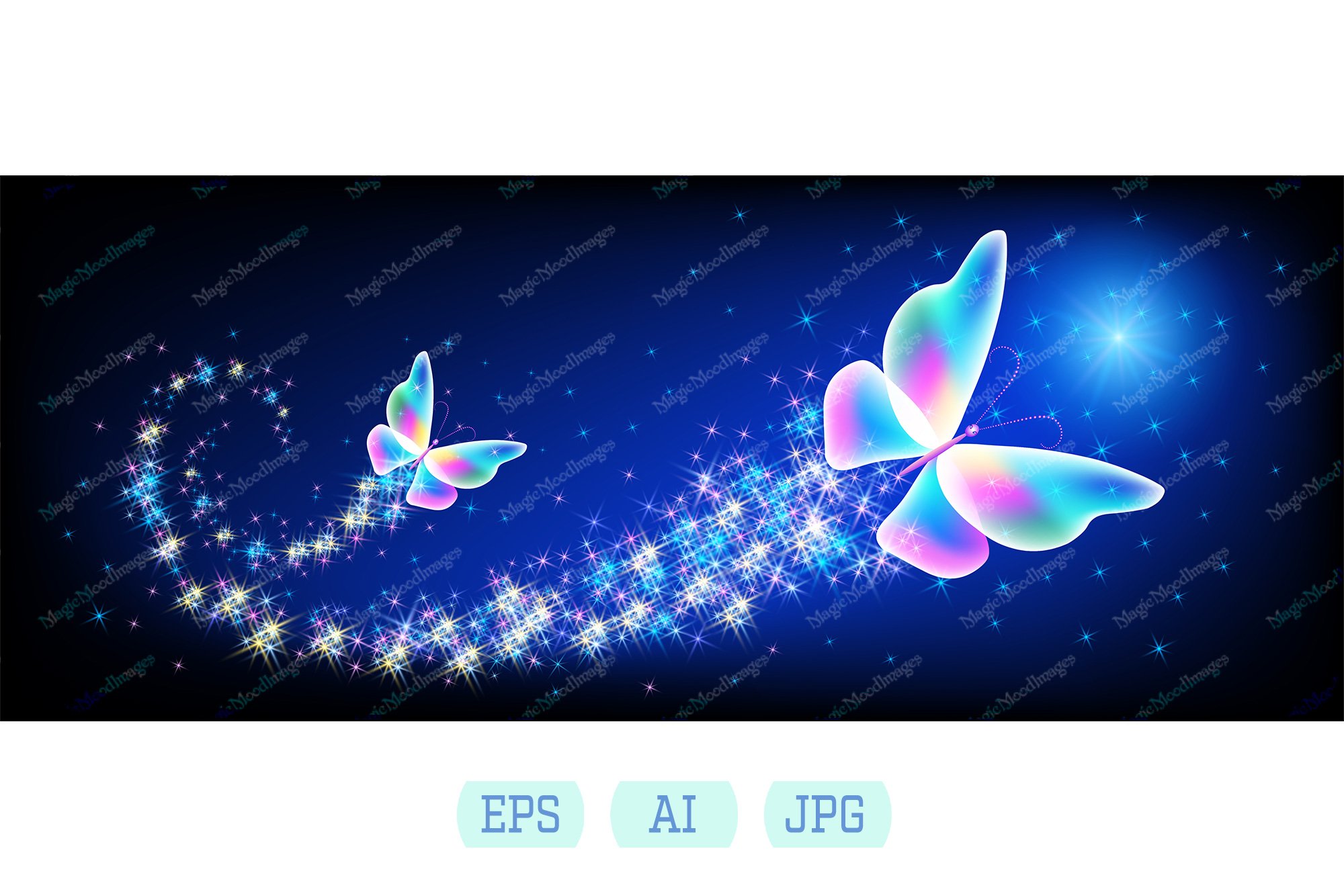 Butterflies with sparkle trail flying in magic stars sky EPS, image size:2000x1334