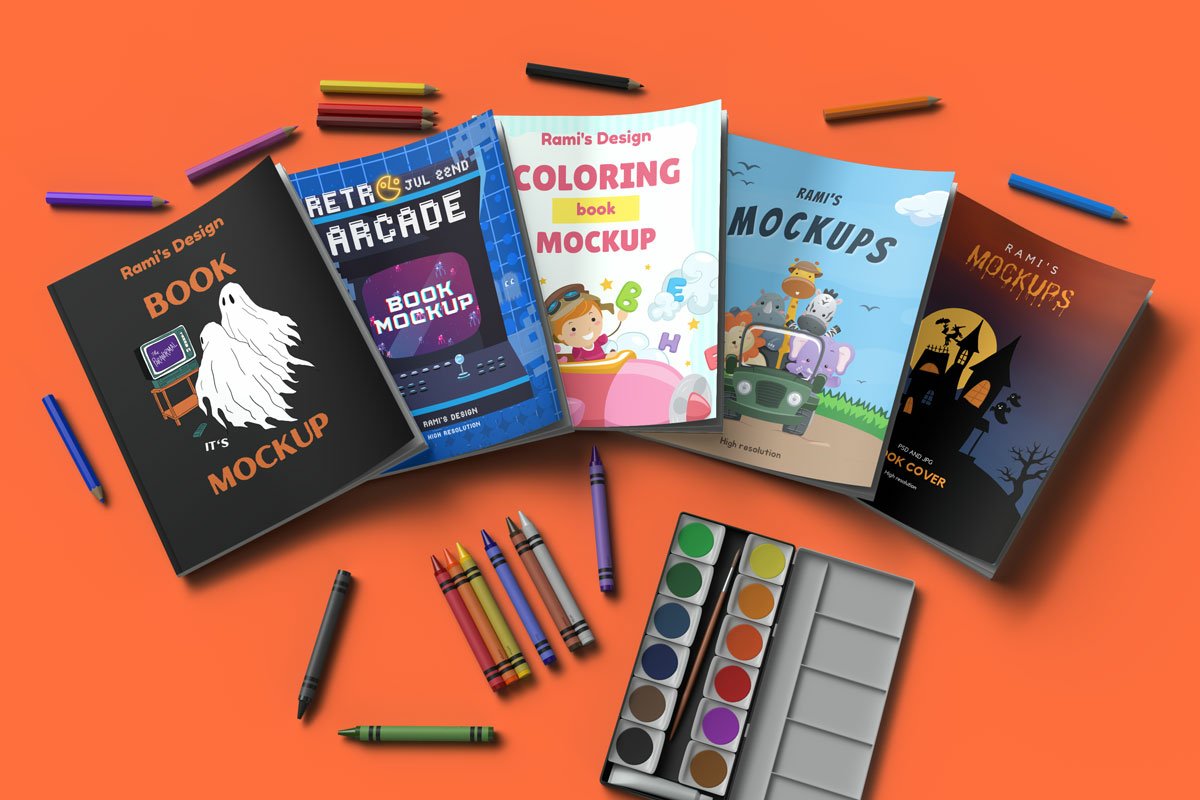 Five coloring books cover mockup | Set of books mockup PSD