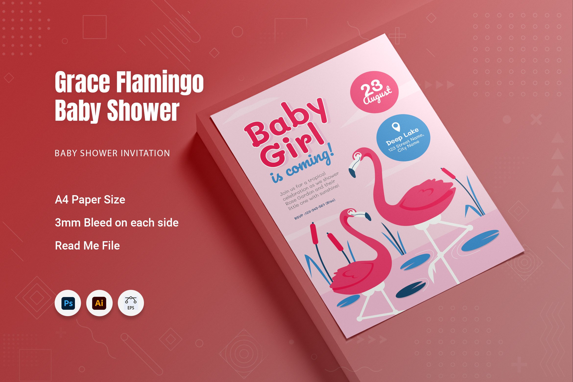 Grace Flamingo Baby Shower Invitation, image size:2340x1560