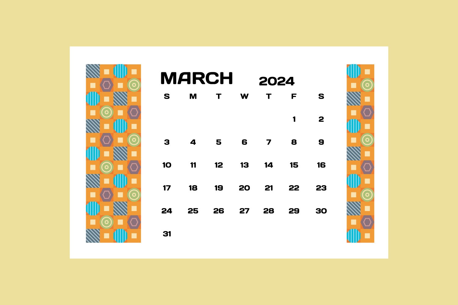 March monthly calendar 2024 template design