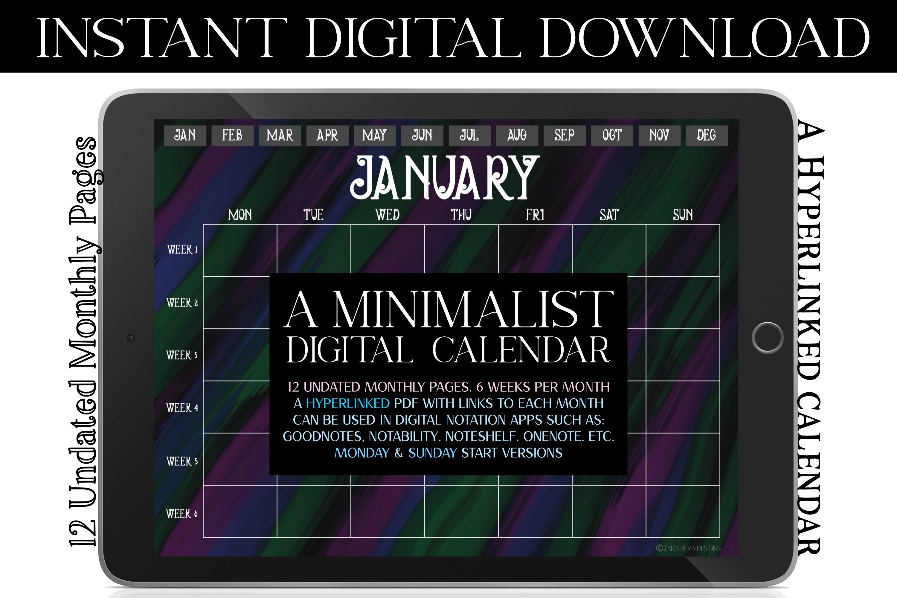 Opulent Digital Monthly Undated Goodnotes Calendar Planner
