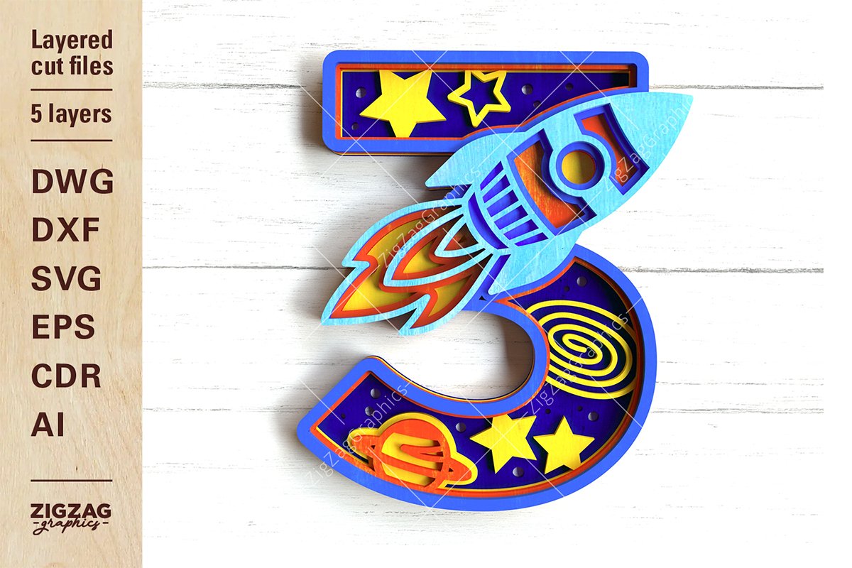 layered kids number 3 with space rocket astronaut and stars