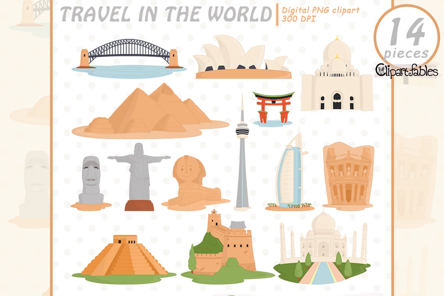 TRAVEL in the WORLD clipart, Seven wonders of the World, image size:1500x1000