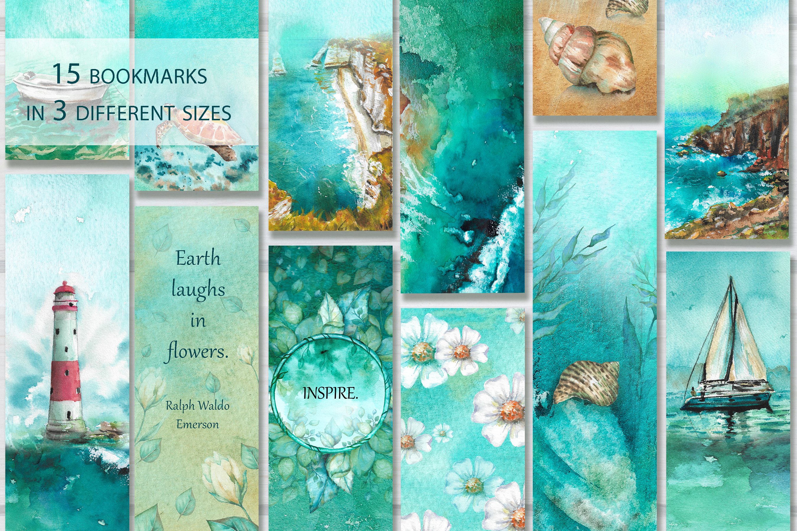 ocean and underwater themed bookmarks set with quotes