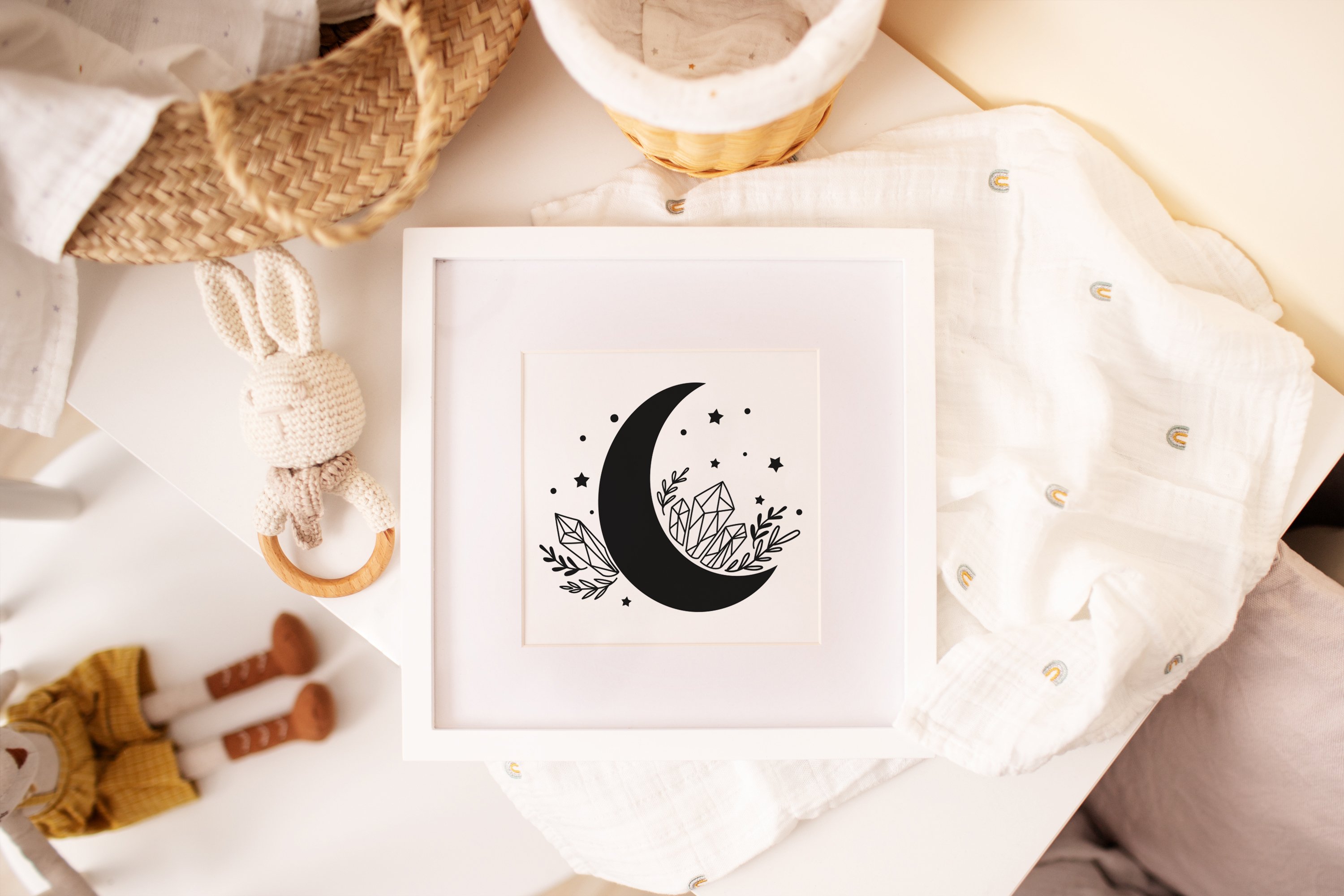 Celestial Crescent Moon with Crystals, Svg file