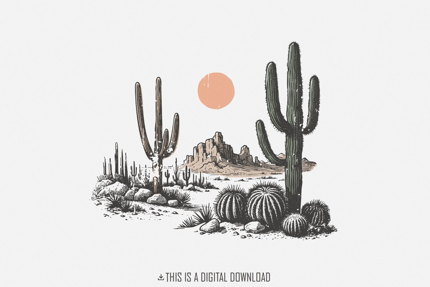 Desert Sunset Cactus PNG, Western Design Download, Retro