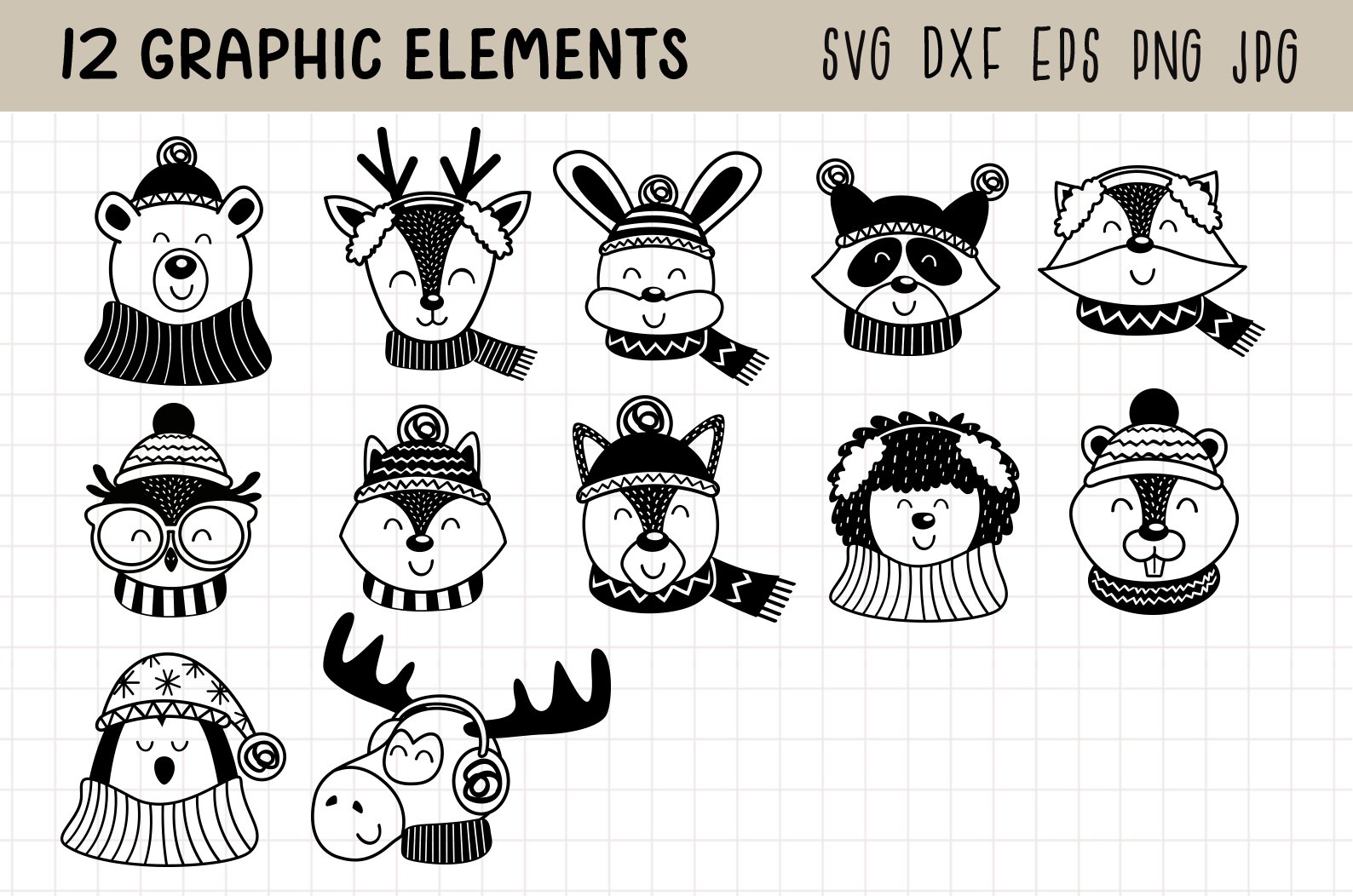 Cute Winter Animals Clipart Black And White