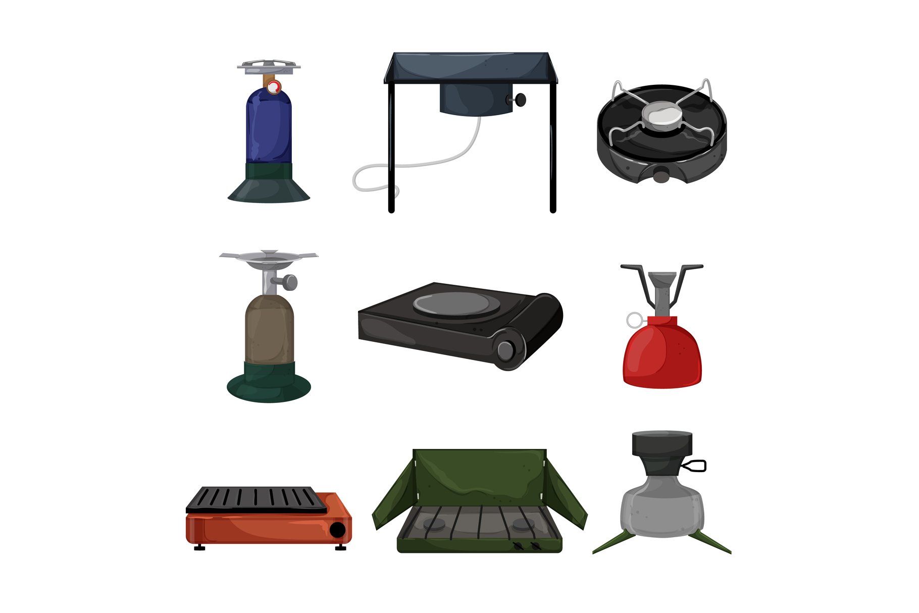 stove camp set cartoon vector illustration (2228999) Icons Design