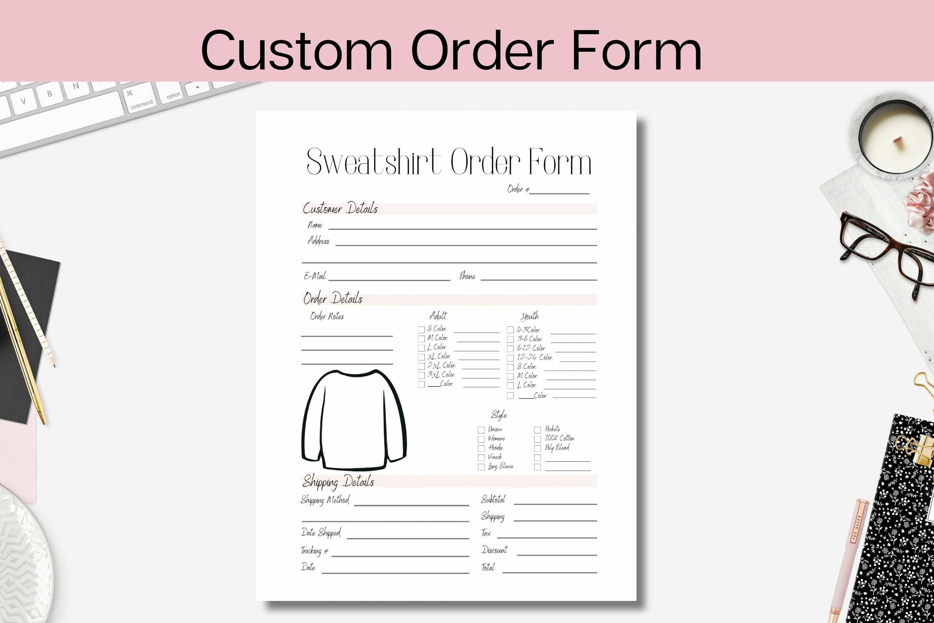 custom sweatshirt order form and trackers canva template