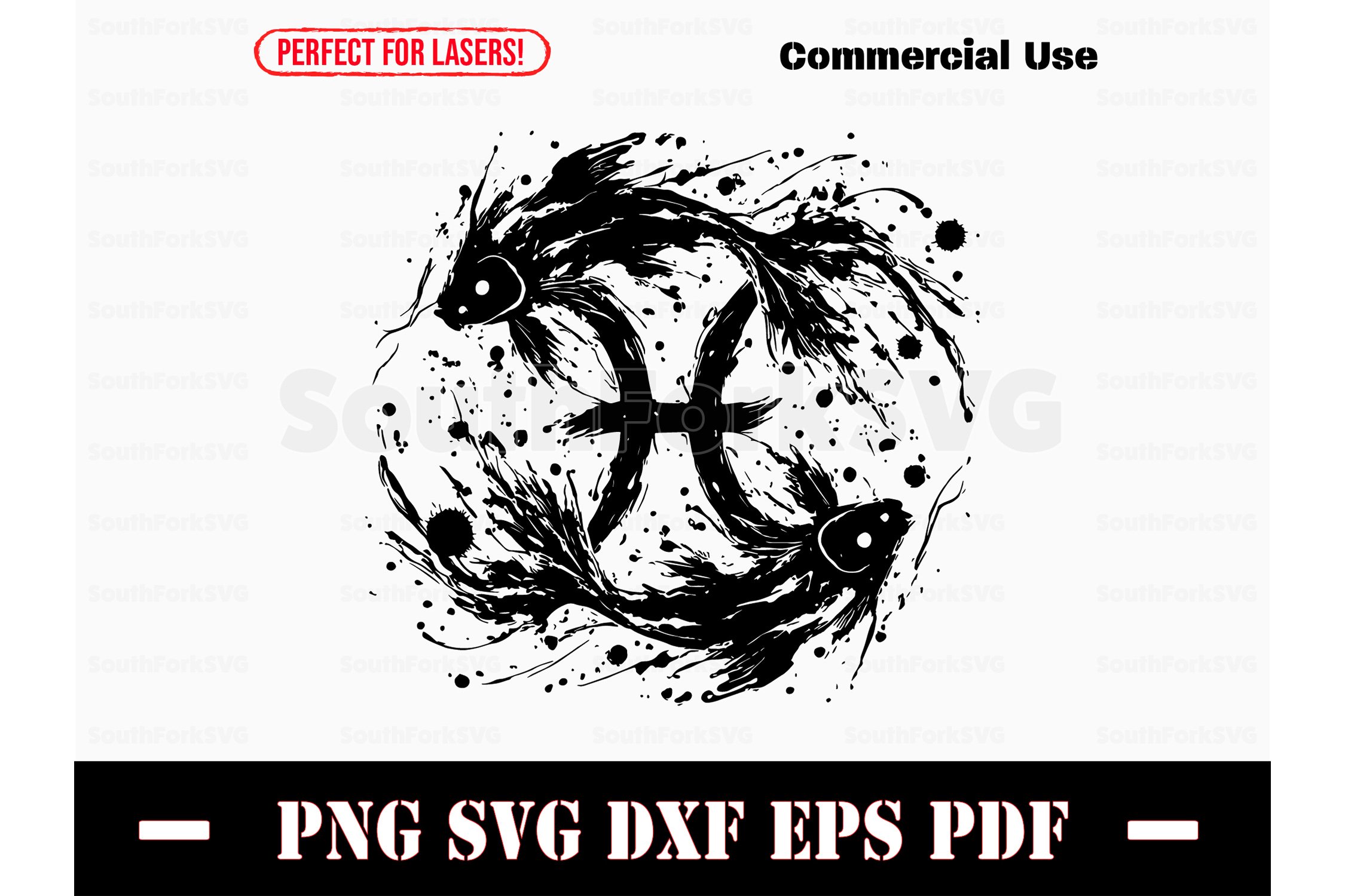 Black Ink Pisces Zodiac Sign SVG PNG DXF EPS PDF