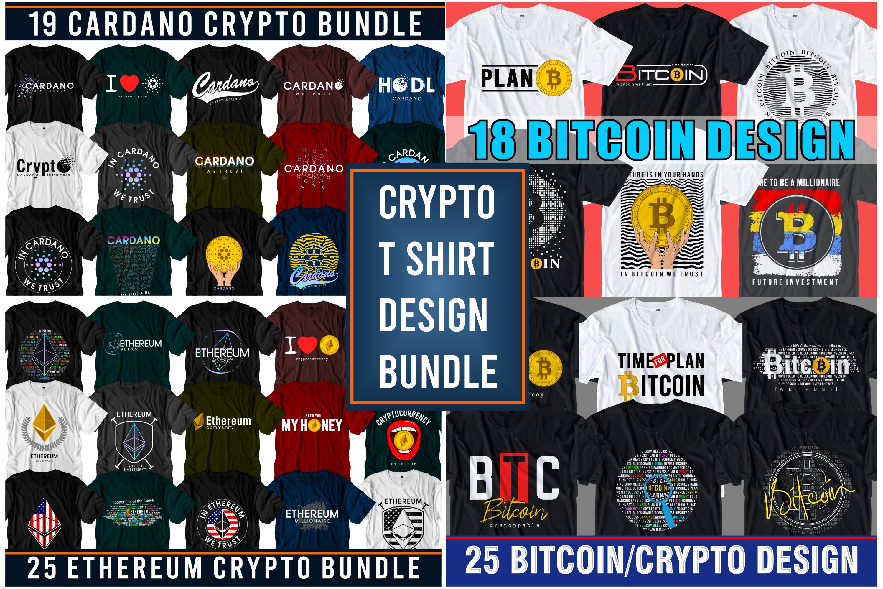 T Shirt Design Bundle , Crypto, Bitcoin, Cardano, Ethereum,