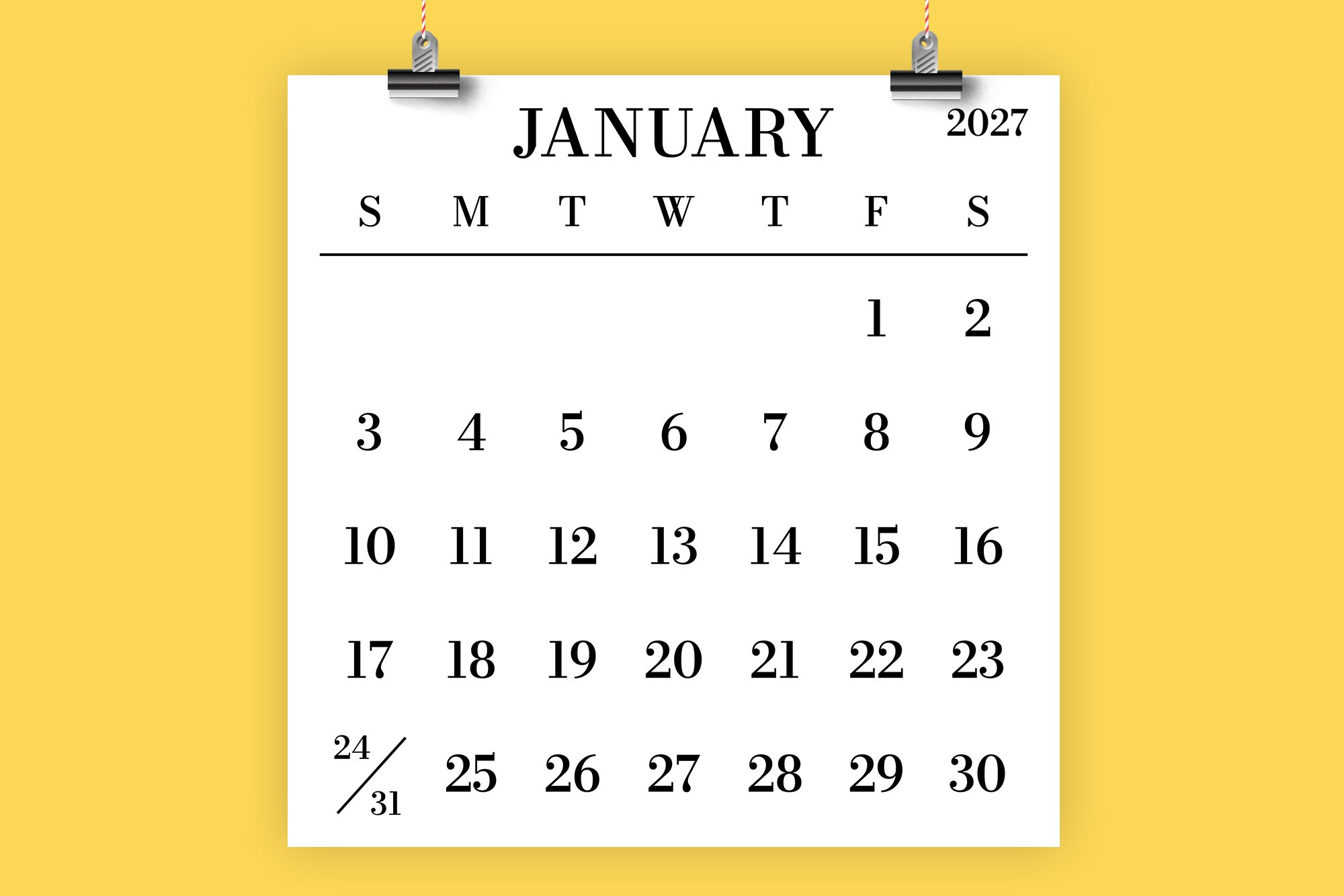 2027 Large Number Square Calendar