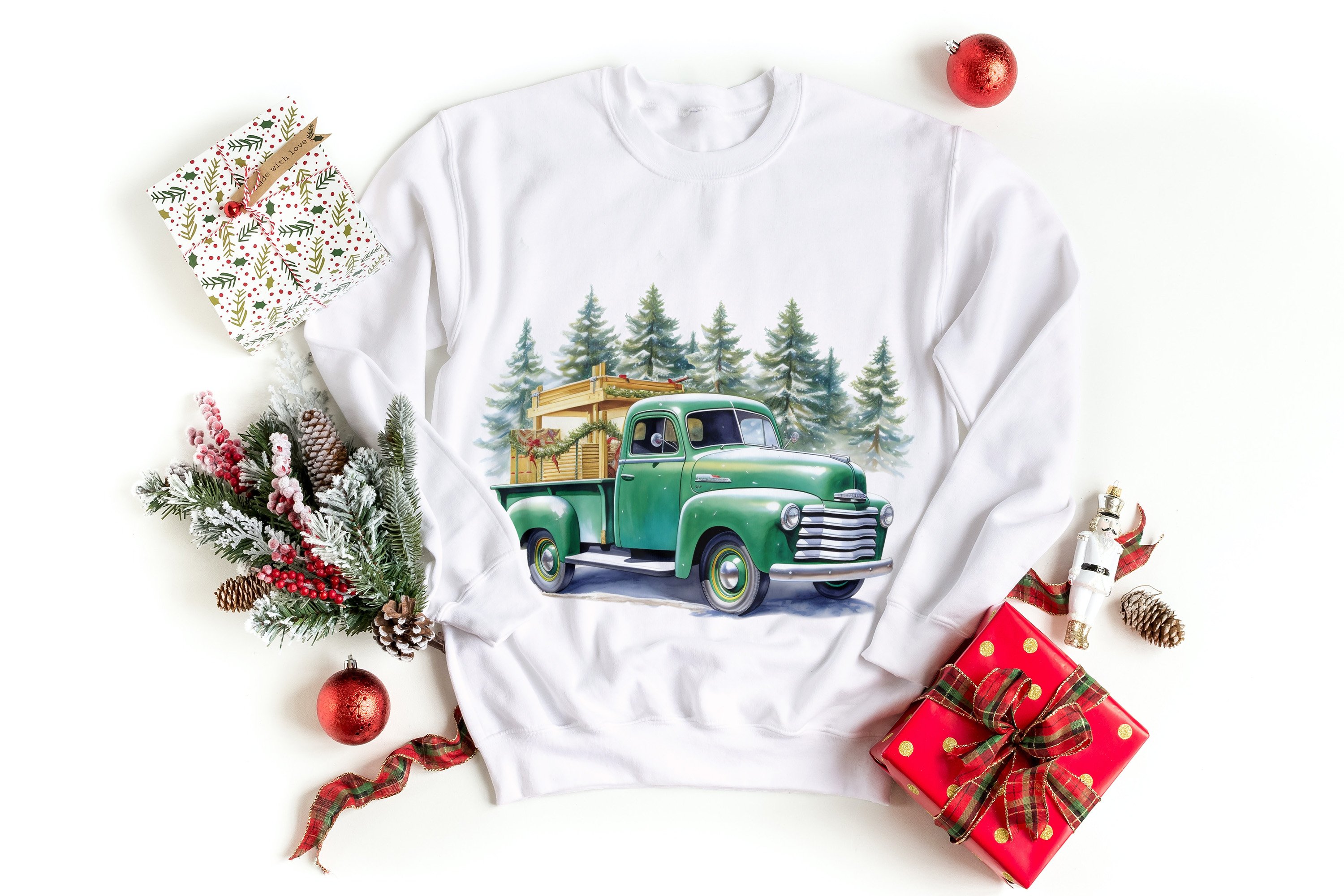 Hoodie Sweater With Red Truck And Christmas Tree Autumn Watercolor