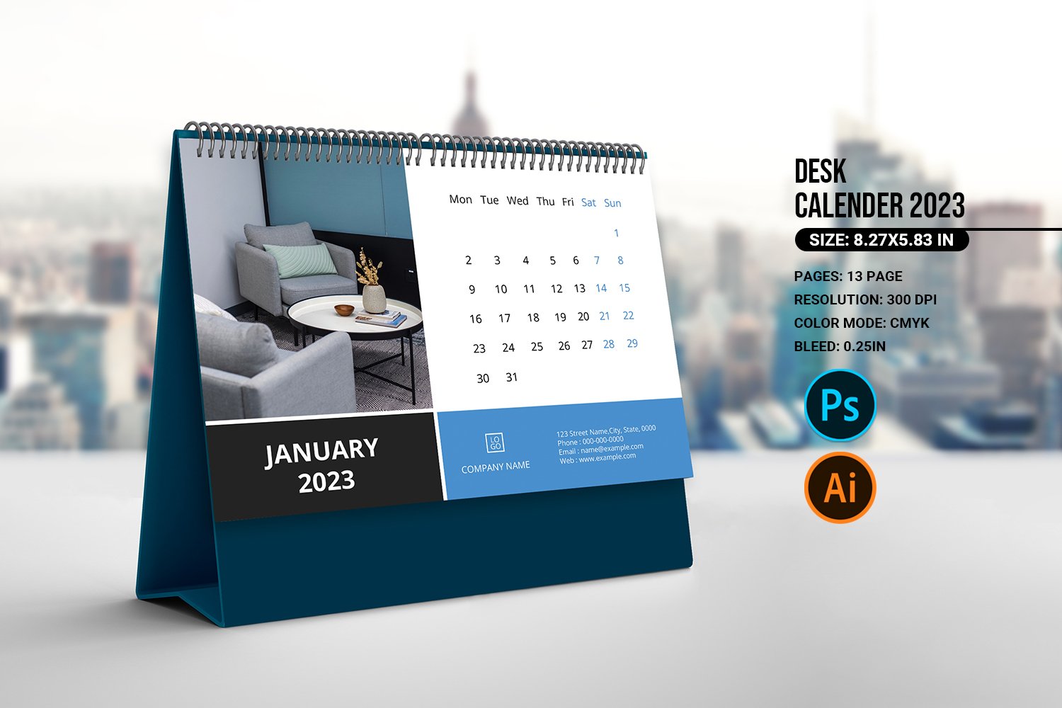 Desk Calendar Template 2023 - Photoshop & Illustrator