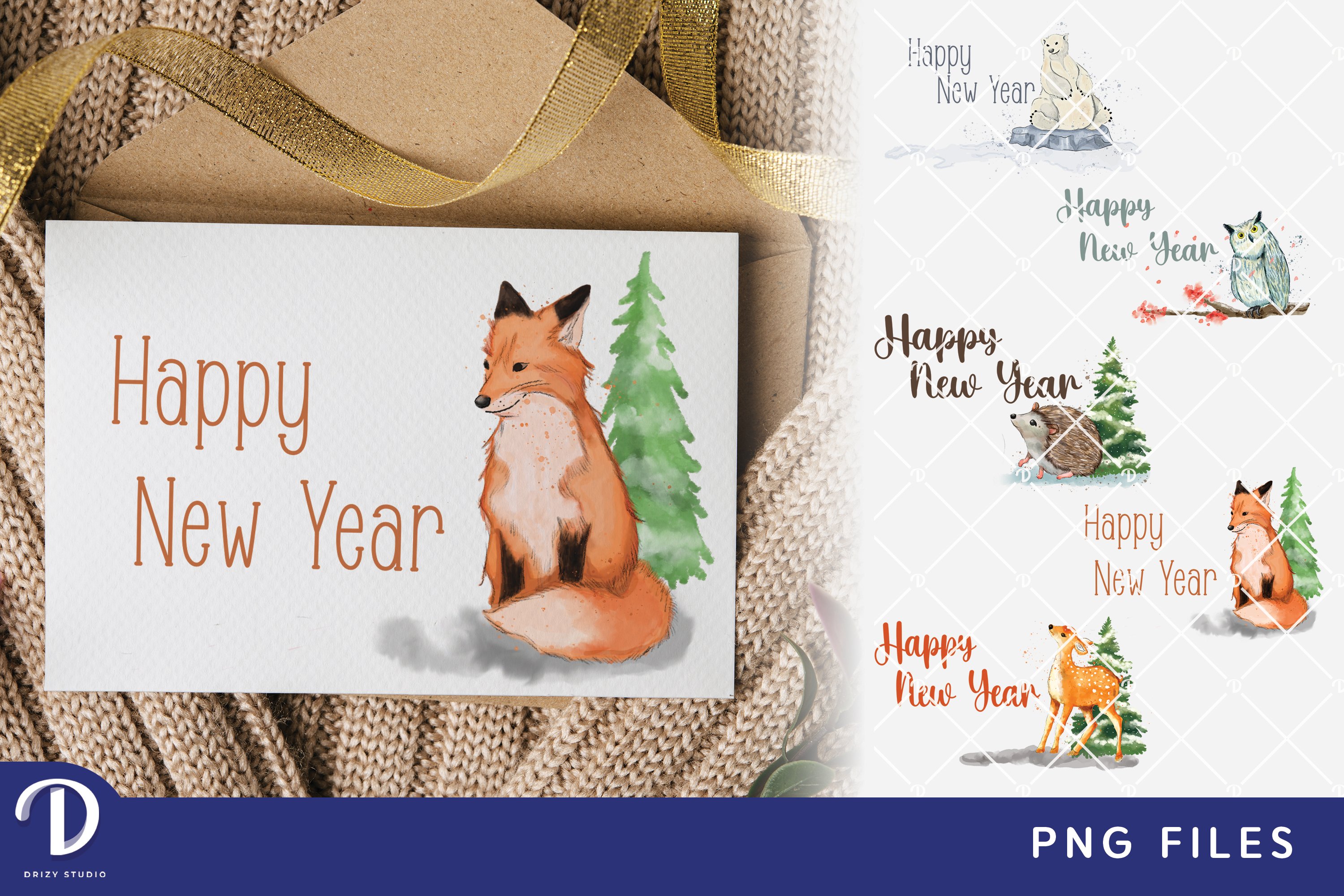 printable new year card - winter animal set of 5