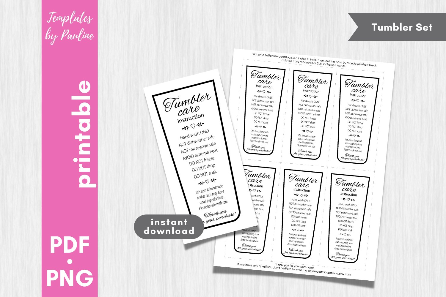 Printable sublimation tumbler care card. Hand wash only tag.