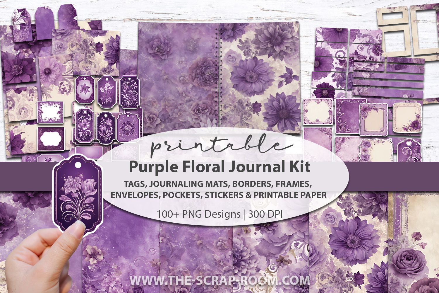 Printable Junk Journal kit purple floral papers tags sticker display picture 2