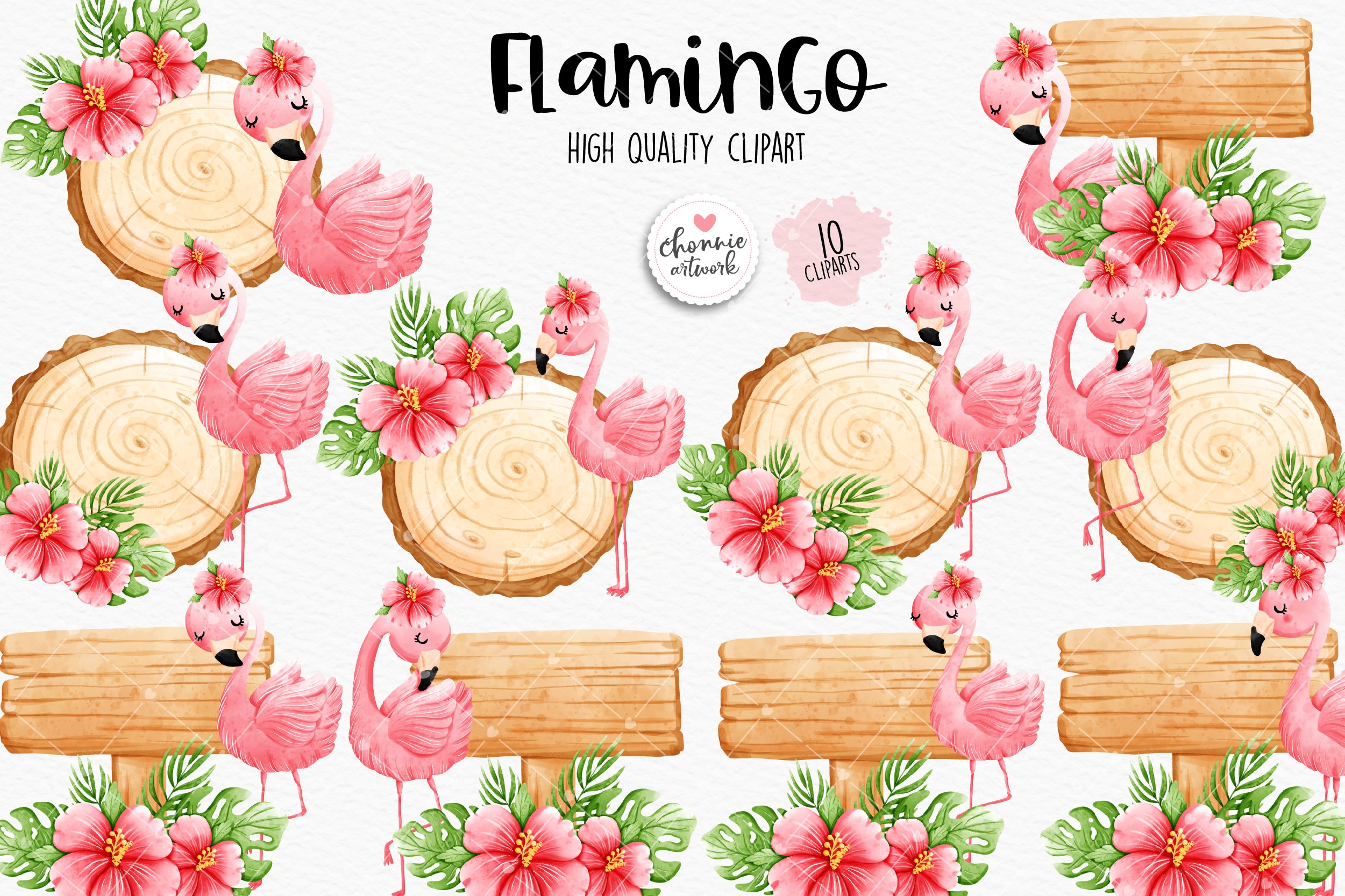 Pink flamingo with wood board clipart, image size:2501x1667