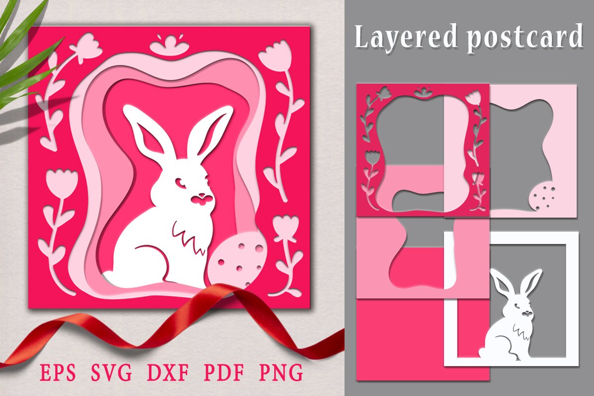 Rabbit on a Multi-layer postcard. Paper cut