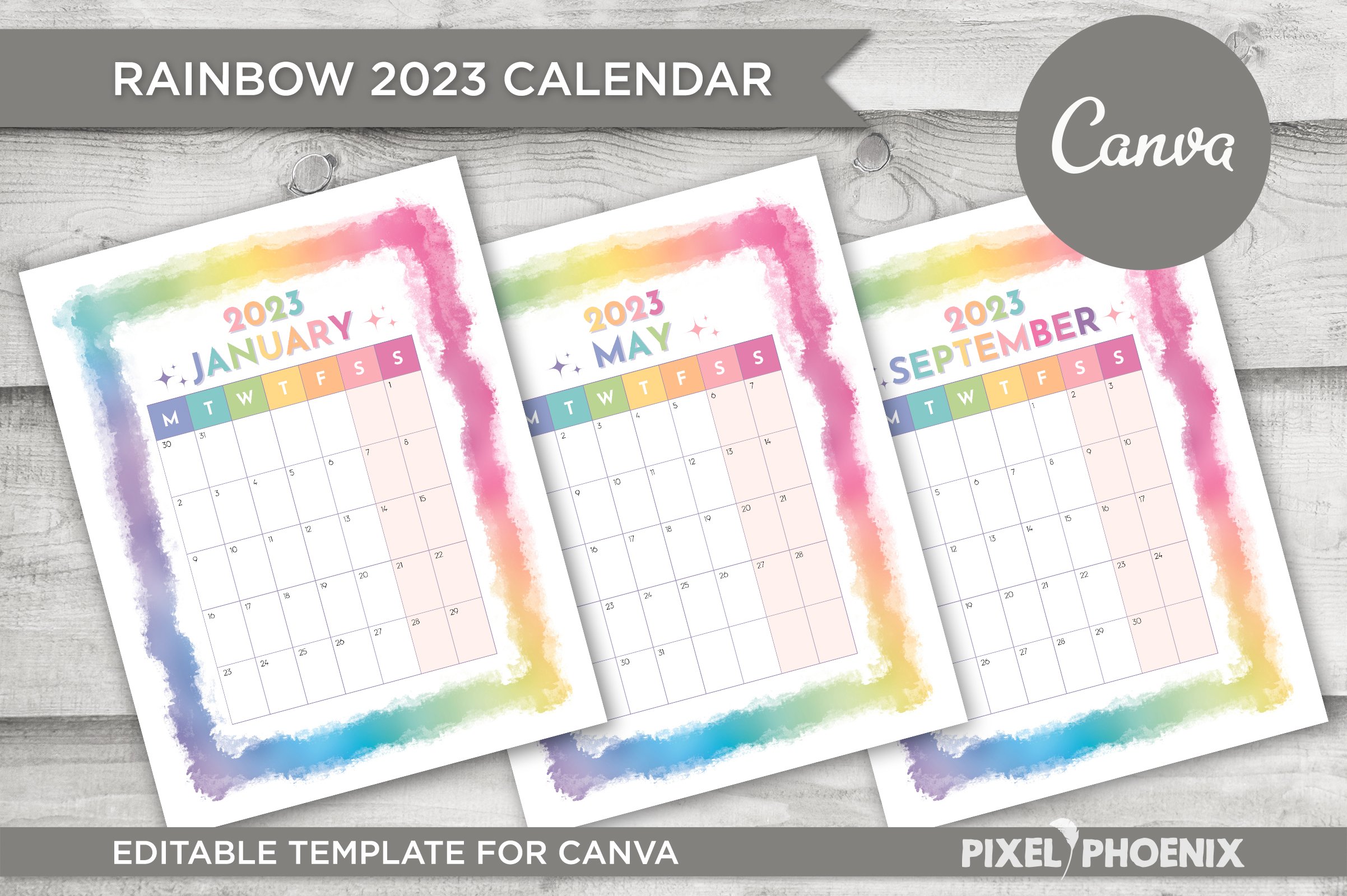 Rainbow 2023 Monthly Calendar | Editable Canva Template