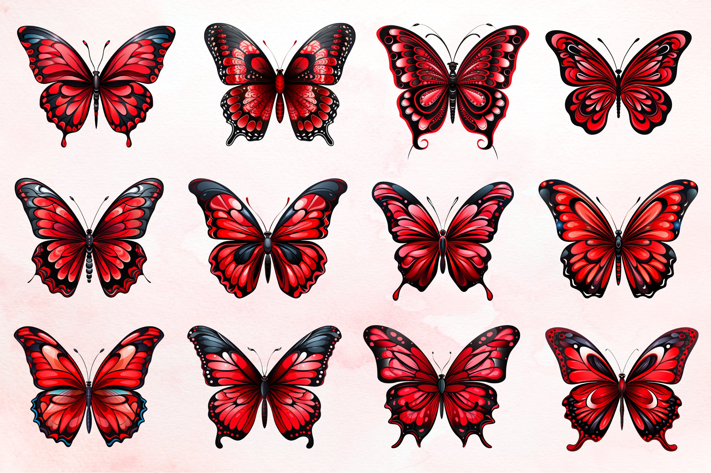 Watercolor Red Butterfly Clipart Bundle
