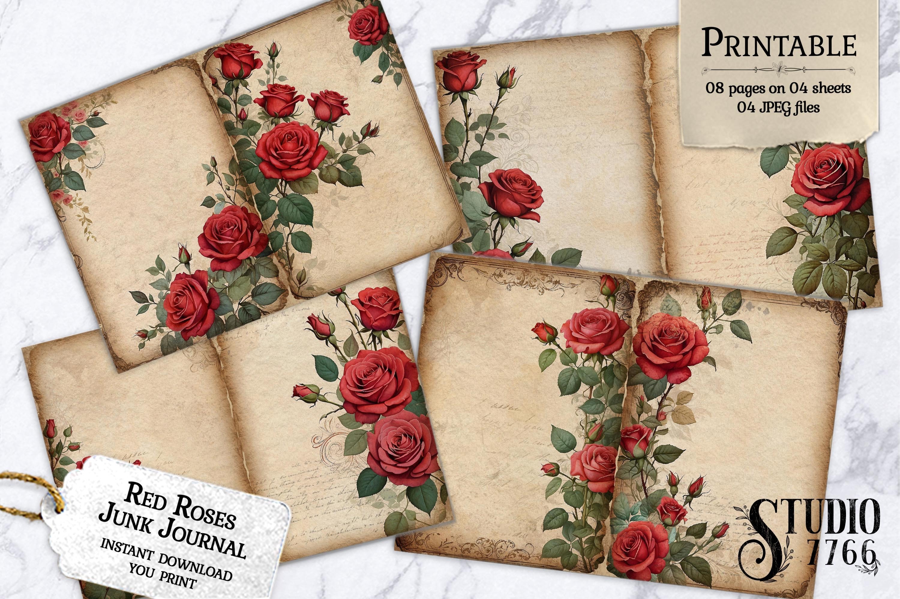 Vintage red roses digital junk journal, scrapbook paper