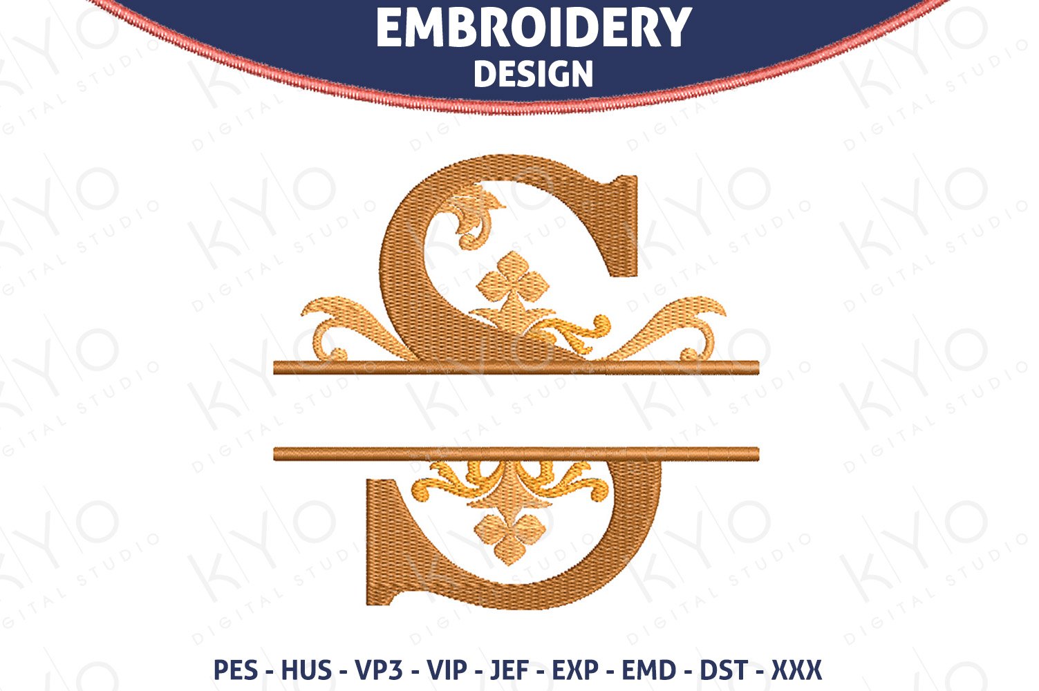 Regal Split Monogram Letter S Embroidery Design