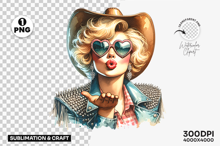 Retro Cowgirl with Sunglasses Blonde PNG Sublimation Design