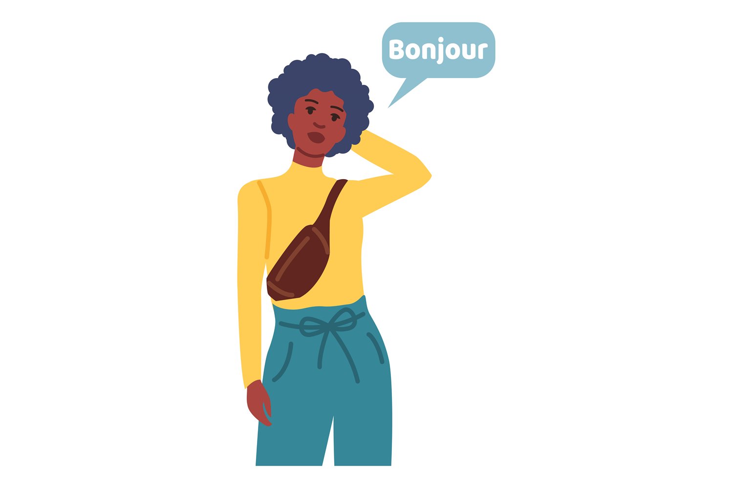 Girl saying Bonjour. Young woman greeting on french, image size:1500x1000