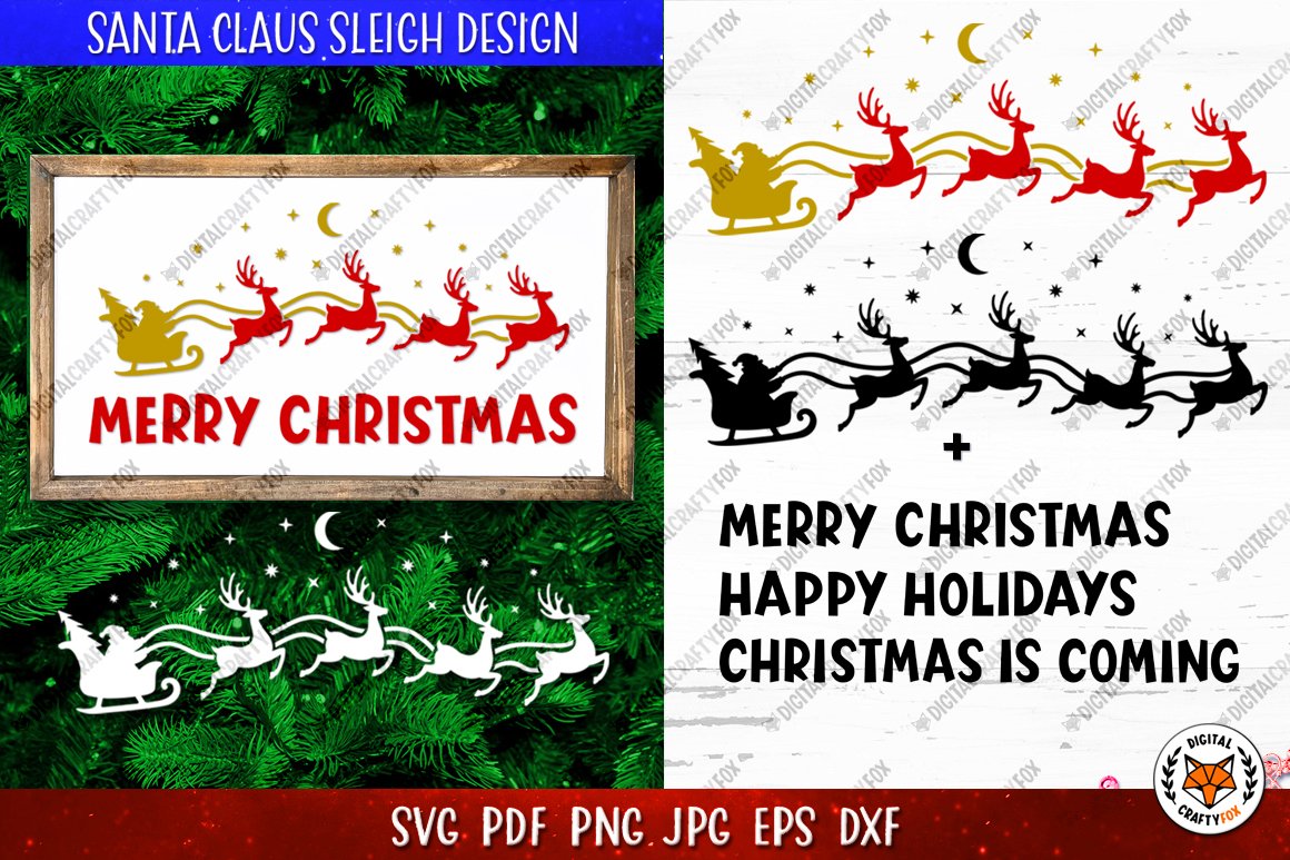 Santa Sleigh Svg Santa's Sleigh Svg Png, Reindeer Pulling Svg, Flying